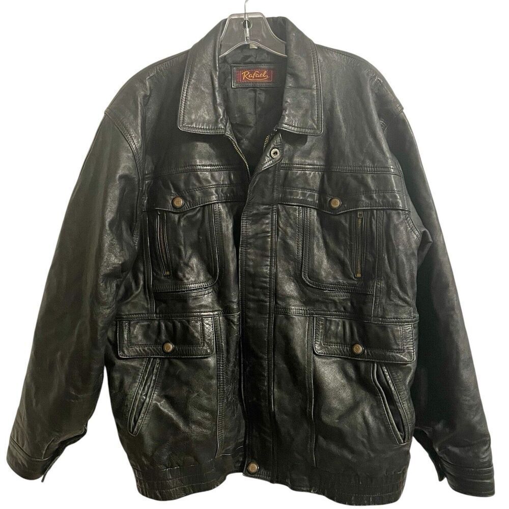 Vintage Rafael Leather Bomber Jacket Size Large Men Black 80s Moto Biker…